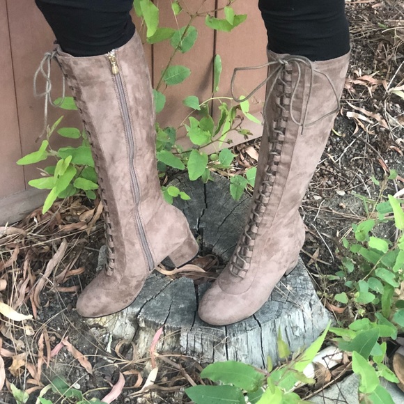 Tall Taupe Lace up Boots - Picture 4 of 8